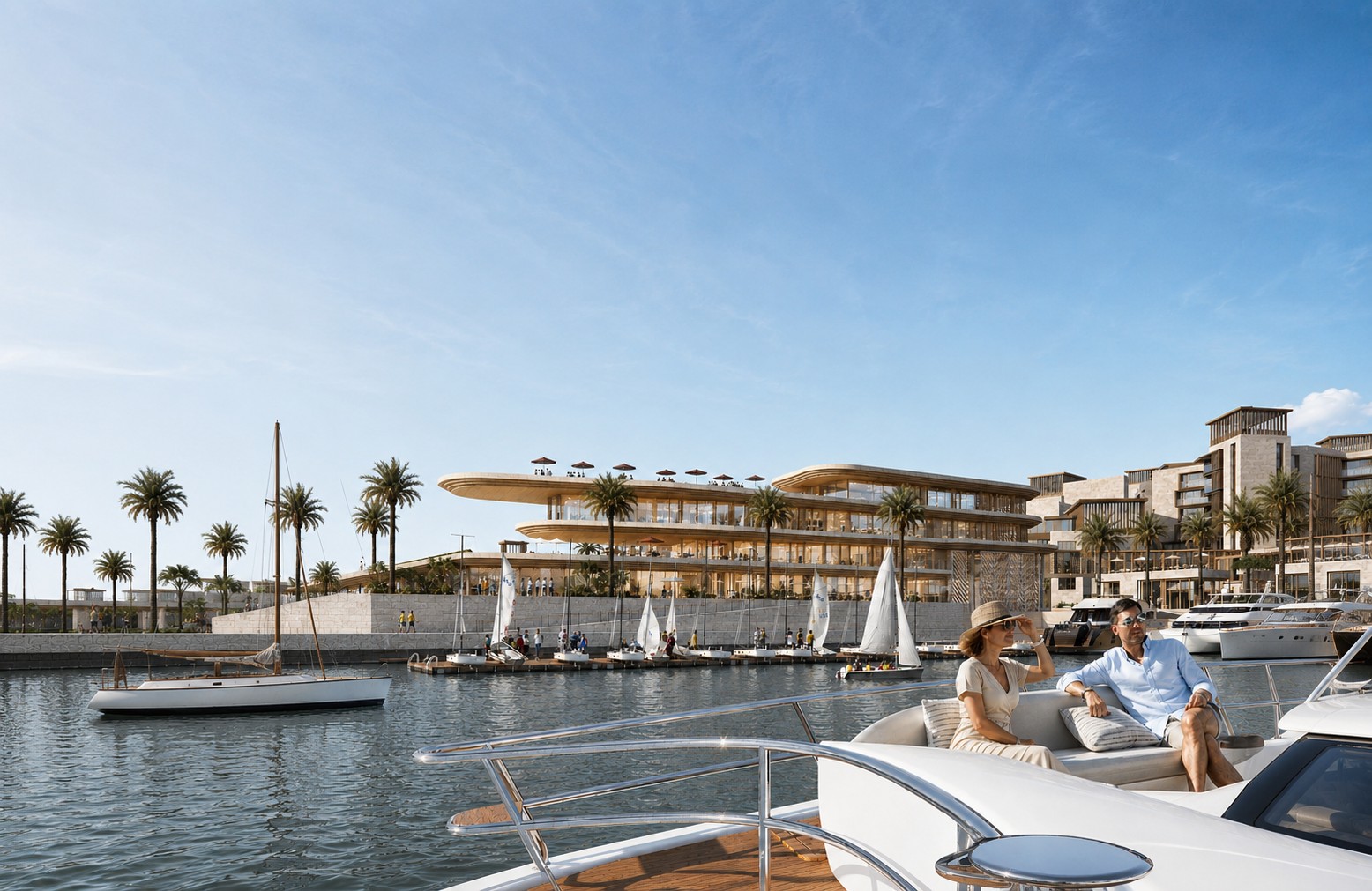Marina resort brand experience, guests aboard a yacht